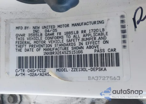 2005 Toyota Corolla S from USA, damaged, VIN 1NXBR32E45Z515166